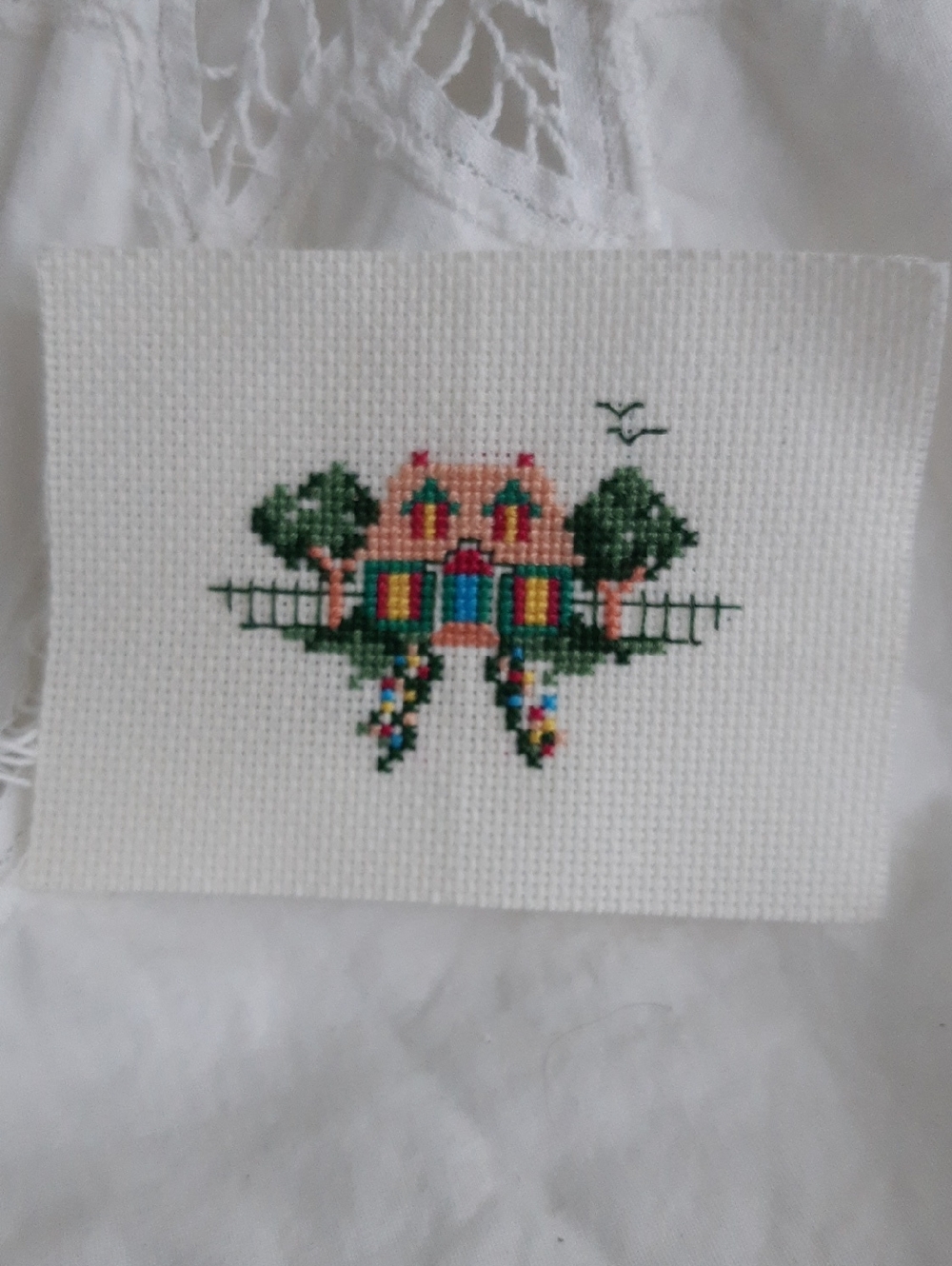 Handmade Cross-Stitched House with Trees - White Background